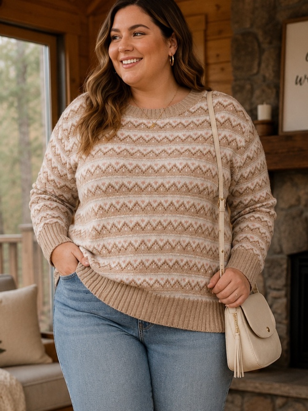 NWT Croft & Barrow Plus Size 2X Fair Isle Sweater Beige Pink Cottagecore Nordic